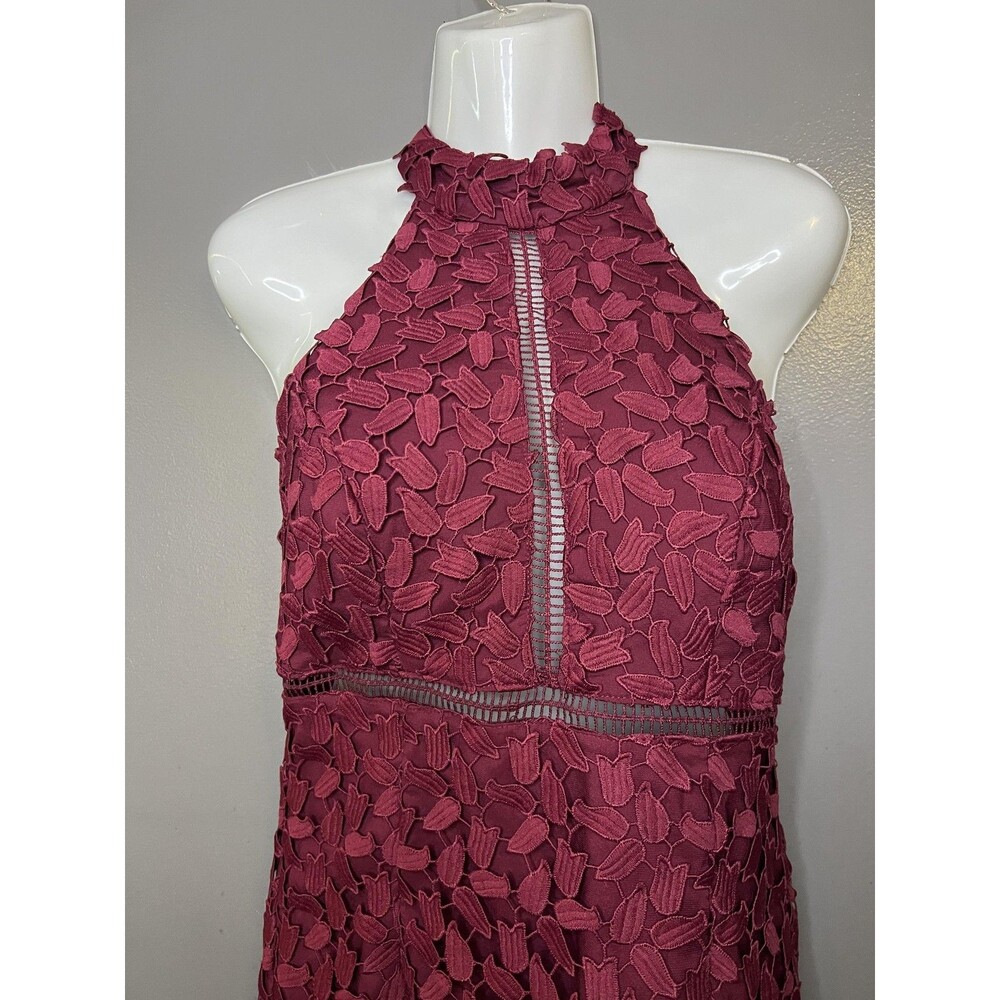 Bardot Dress Womens 6 Red Lace Halter Backless Sheath Midi Floral Party